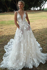 Bmbridal Deep V-Neck Appliques Wedding Dress Sleeveless Online